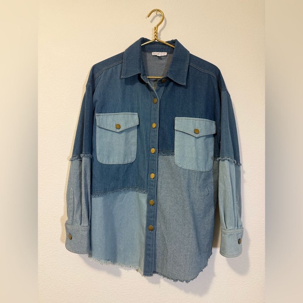 AEMI + CO Blue Denim Patchwork Shirt Jacket